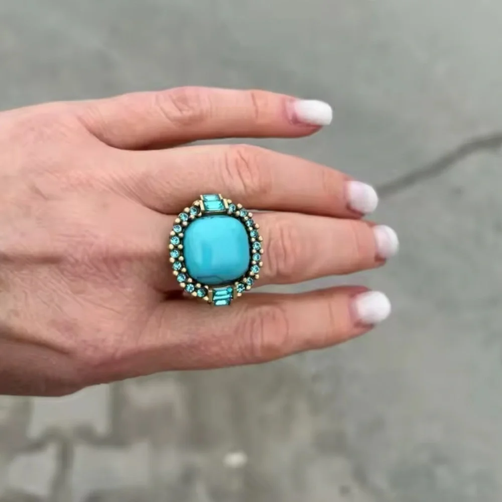 Antique Couture Turquoise Cocktail Ring 18K Gold Finish with Diamond-Style Halo